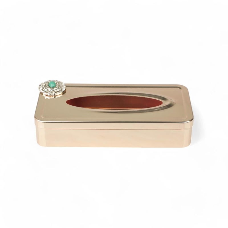 Soleter Metal Tissue Box 26x13x6cm Gold & Green – Decorative Queen Collection Tissue Holder with Ornate Crystal & Green Gem Accent, Rectangular Chrome-Plated Box, Premium Home Decor for Entertaining, Weddings & Special Occasions