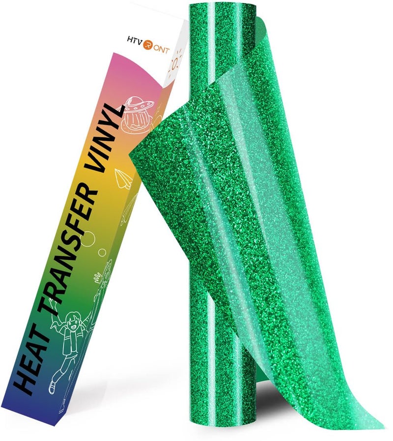 HTVRONT Green Glitter HTV Heat Transfer Vinyl Rolls - 10" x 8ft Green Glitter HTV Vinyl for Shirts, Glitter Iron on Vinyl for All Cutter Machine - Easy to Cut & Weed for Heat Vinyl Design - Image 1