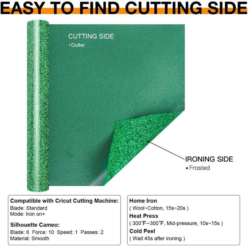 HTVRONT Green Glitter HTV Heat Transfer Vinyl Rolls - 10" x 8ft Green Glitter HTV Vinyl for Shirts, Glitter Iron on Vinyl for All Cutter Machine - Easy to Cut & Weed for Heat Vinyl Design - Image 5
