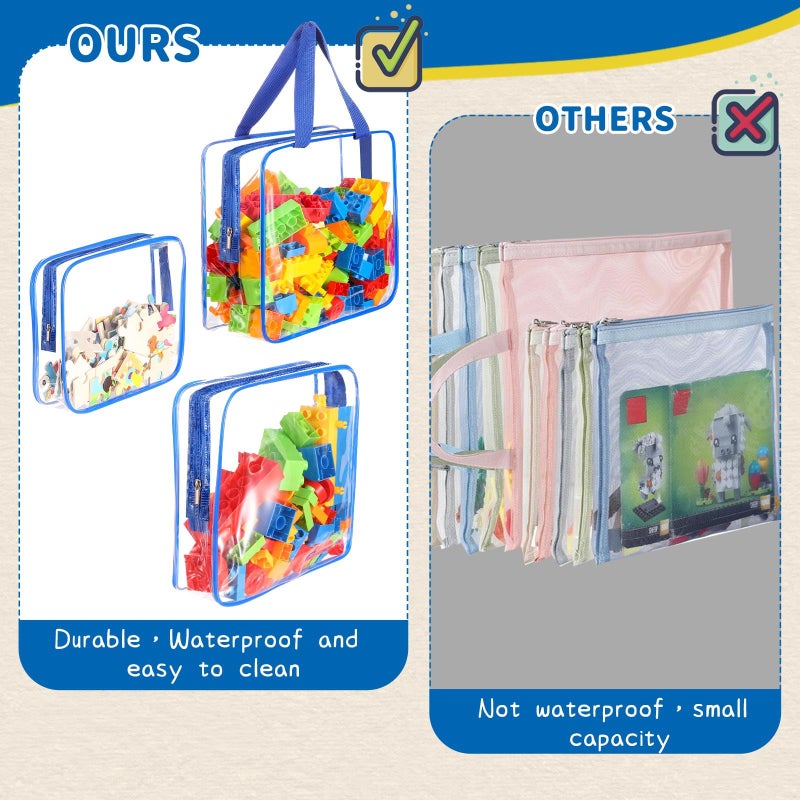 MBJZSL 18 Packs Large Toy Storage Bags with Labels, Clear PVC Bags Travel Waterproof Kids Toy Organizer Bags with Zipper for Building Blocks Puzzle Kids Books (Blue-3 Size) - Image 3