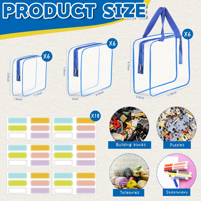 MBJZSL 18 Packs Large Toy Storage Bags with Labels, Clear PVC Bags Travel Waterproof Kids Toy Organizer Bags with Zipper for Building Blocks Puzzle Kids Books (Blue-3 Size) - Image 2