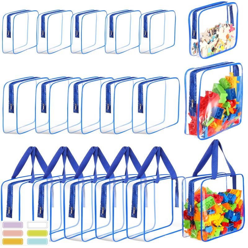 MBJZSL 18 Packs Large Toy Storage Bags with Labels, Clear PVC Bags Travel Waterproof Kids Toy Organizer Bags with Zipper for Building Blocks Puzzle Kids Books (Blue-3 Size) - Image 1