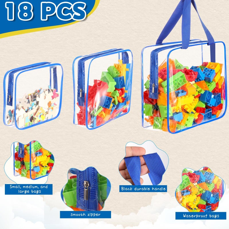 MBJZSL 18 Packs Large Toy Storage Bags with Labels, Clear PVC Bags Travel Waterproof Kids Toy Organizer Bags with Zipper for Building Blocks Puzzle Kids Books (Blue-3 Size) - Image 4
