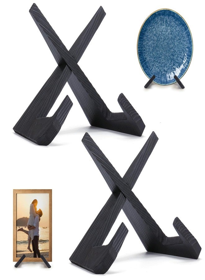 XKDOUS 2 Pack Black Plate Stands for Display 6.5 Inch Wooden Cookbook Holder Stand Decorative Picture Frame Plate Display Stand Recipe Book Holders for Kitchen Counter - Image 1