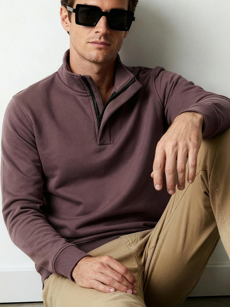 DAMENSCH Premium Microfiber Blend High Neck Sweatshirt for Man, Fleece Lined Pullover Sweater for Men, No-Fade Colours Half Zipper Sweatshirt for Men, Ideal for 10-15 Degrees C-Stone Brown-XL - Image 3
