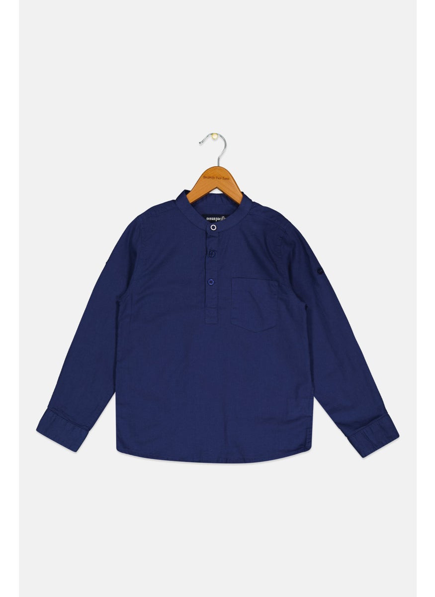 Ocean Pacific Kids Boy Solid Long Sleeve Casual Shirt, Navy  - Image 1
