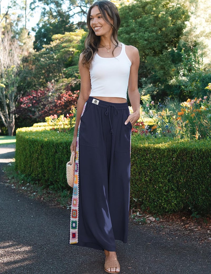TARSE Womens Wide Leg Linen Pants Summer Casual Drawstring Loose Lounge Palazzo Crochet Panel Pant with Pocket(Navy, XL) - Image 2