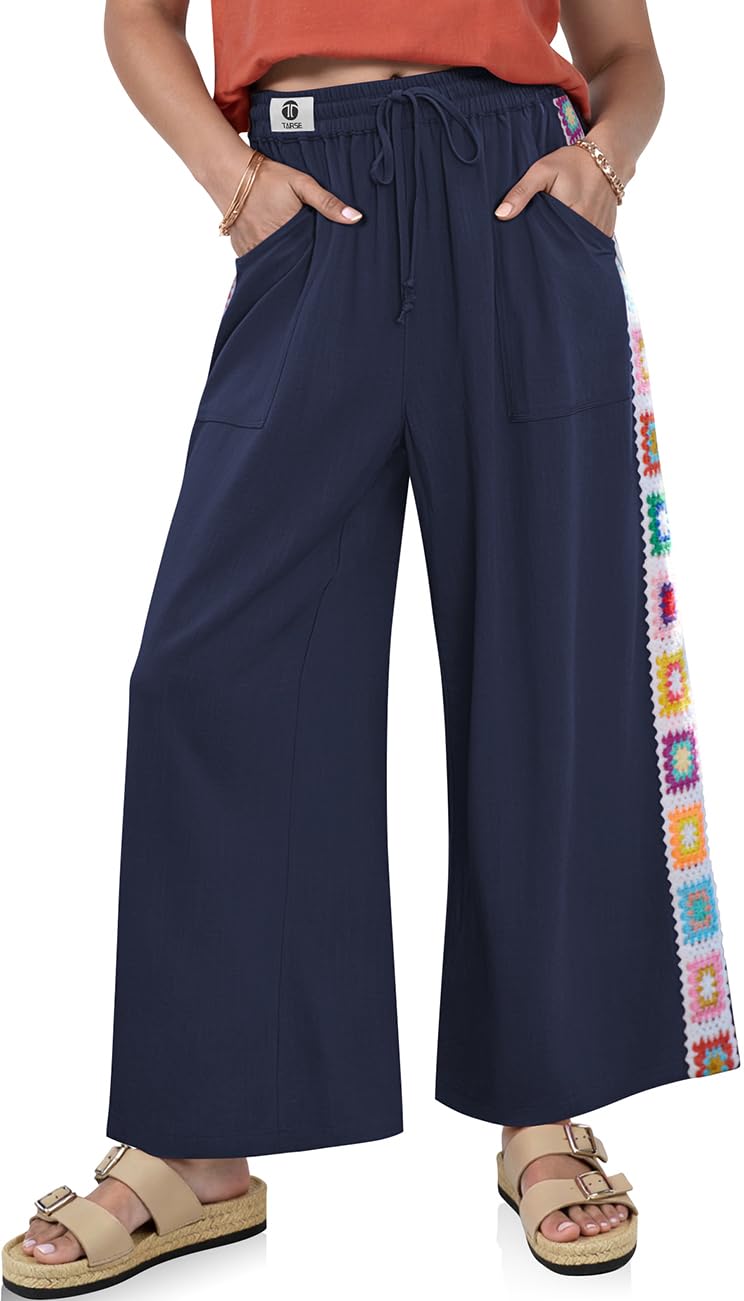 TARSE Womens Wide Leg Linen Pants Summer Casual Drawstring Loose Lounge Palazzo Crochet Panel Pant with Pocket(Navy, XL) - Image 1