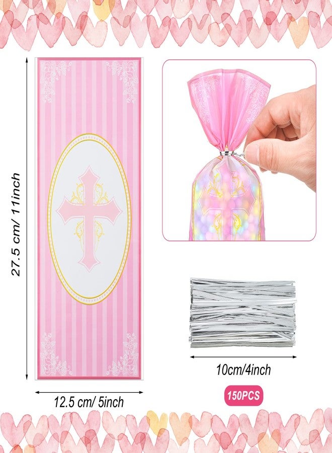 HOTOP 100 Pcs Baptism Cellophane Bags Christian Gift Treat Bag Religious Goodie Candy with 150 Ties First Communion Party Supplies Christening Confirmation Baby Shower Serves for Boy and Girl, Gold - Image 2
