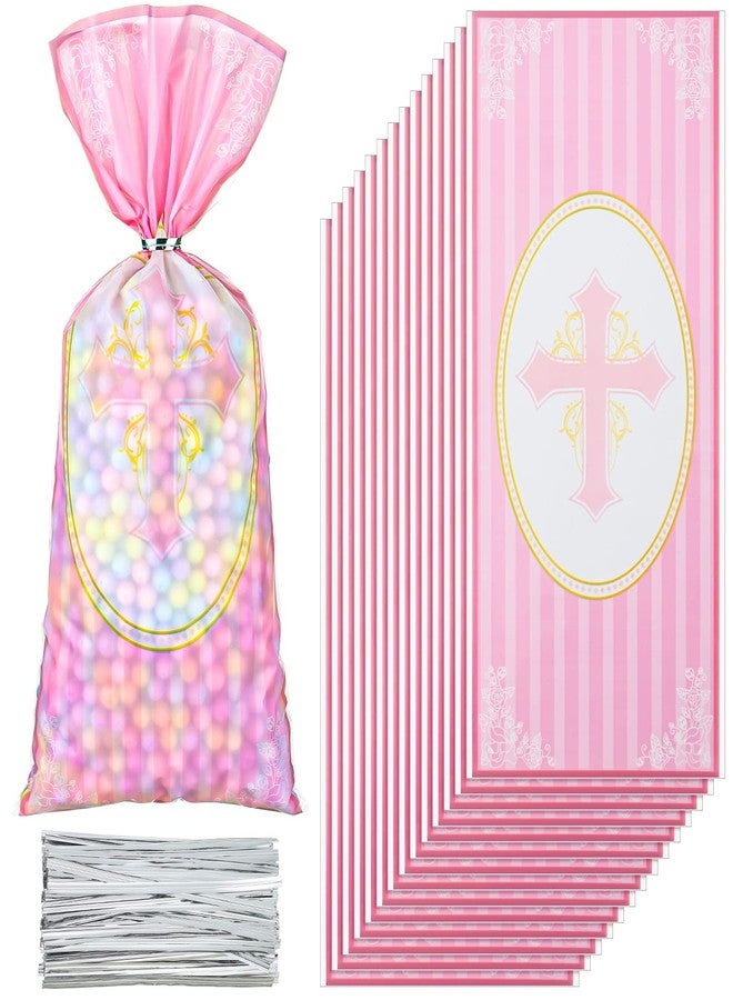 HOTOP 100 Pcs Baptism Cellophane Bags Christian Gift Treat Bag Religious Goodie Candy with 150 Ties First Communion Party Supplies Christening Confirmation Baby Shower Serves for Boy and Girl, Gold - Image 1
