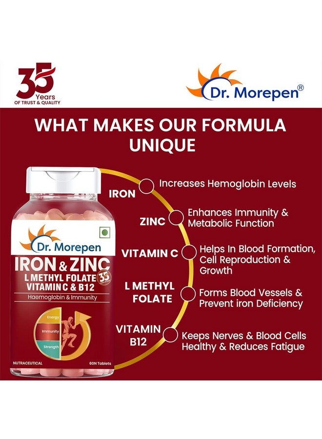 Dr. Morepen أقراص الحديد والزنك من د. موريبين | غنية بالحديد والزنك وفيتامين C وB12 | طبيعية وآمنة للرجال والنساء | 60 قرص نباتي - Image 4