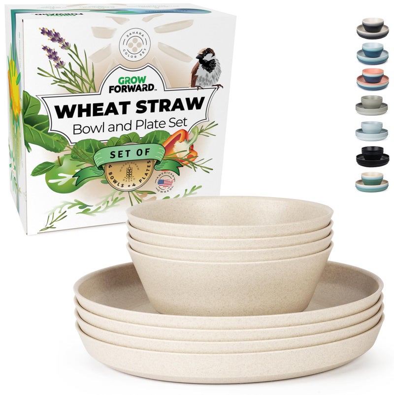 Grow Forward Premium Wheat Straw Plates and Bowls Sets - 8-Piece Wheat Straw Dinnerware Sets - Unbreakable & Reusable Microwave Safe Plastic Dinner Plates for Outdoors, RV, Camping Dishes - Sahara - Image 1