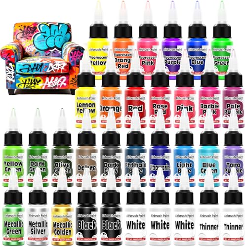 ERCorArt Airbrush Paint - 33 Colors Acrylic Air Brush Painting, Ready to Spray Airbrush Model Paint Kit, Water Based Airbrush Painting with 2 Thinners 6 Primer for Wood, Model Car, Craft, Metal, Plastic - Image 1