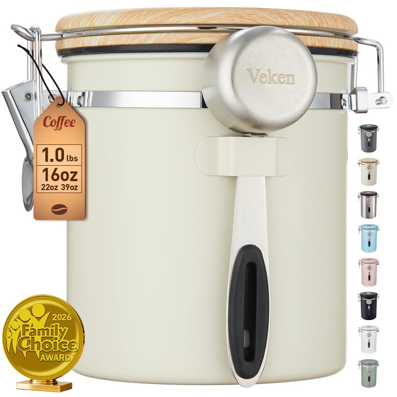 Veken Coffee Canister Airtight Stainless Steel Kitchen Food Storage Container with Date Tracker and Scoop for Beans Grounds Tea Flour Cereal Sugar Cookie 16OZ Cream - Image 2