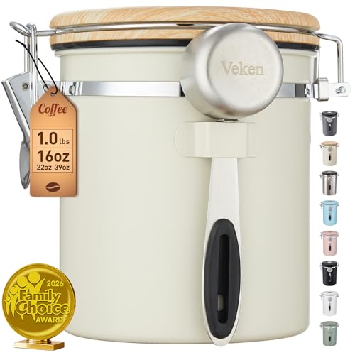 Veken Coffee Canister Airtight Stainless Steel Kitchen Food Storage Container with Date Tracker and Scoop for Beans Grounds Tea Flour Cereal Sugar Cookie 16OZ Cream - Image 1