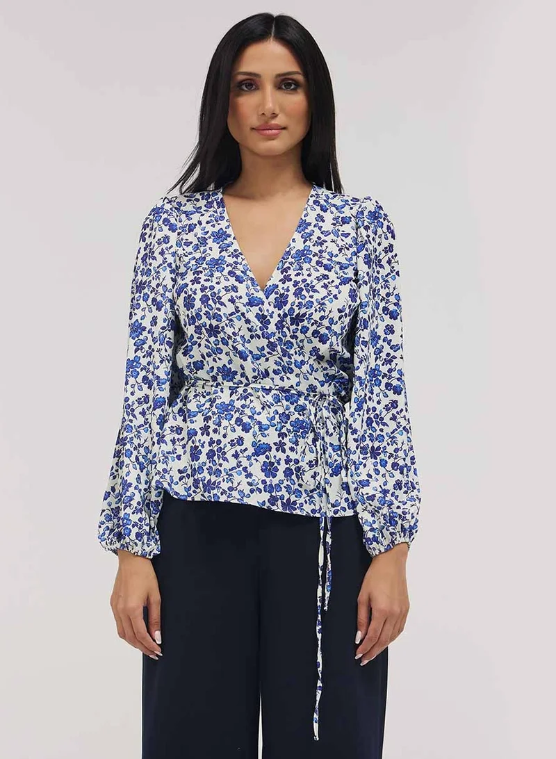 Zigzag Printed Chiffon Wrap Around Peplum Top