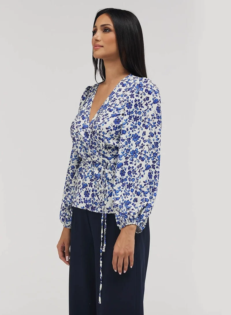 Zigzag Printed Chiffon Wrap Around Peplum Top