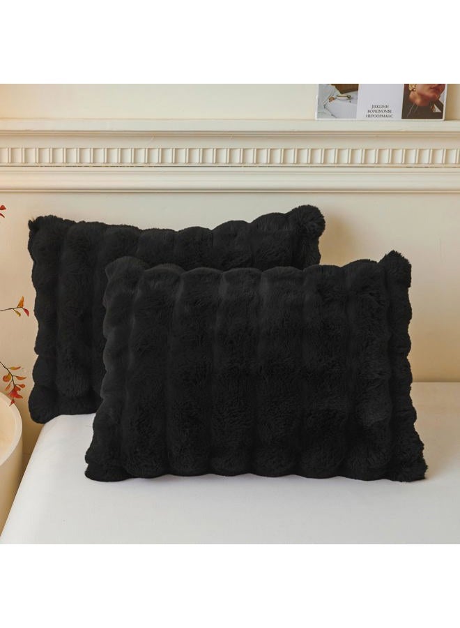 LIFEREVO 2 Pack Fluffy Faux Rabbit Fur Pillow Cases, Luxury Soft Plush Shaggy Bubble Waffle Pillowcases King Size Zipper Closure, Furry Fuzzy Long Pillow Shams for Bedroom Living Room 20x36, Black - Image 1