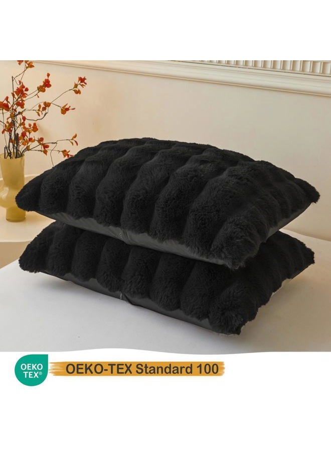 LIFEREVO 2 Pack Fluffy Faux Rabbit Fur Pillow Cases, Luxury Soft Plush Shaggy Bubble Waffle Pillowcases King Size Zipper Closure, Furry Fuzzy Long Pillow Shams for Bedroom Living Room 20x36, Black - Image 3