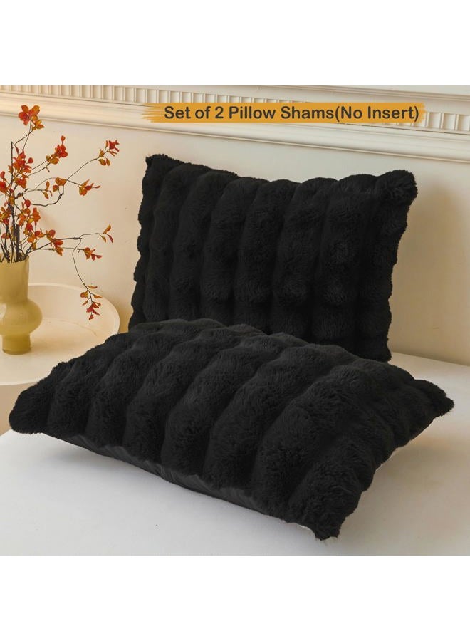 LIFEREVO 2 Pack Fluffy Faux Rabbit Fur Pillow Cases, Luxury Soft Plush Shaggy Bubble Waffle Pillowcases King Size Zipper Closure, Furry Fuzzy Long Pillow Shams for Bedroom Living Room 20x36, Black - Image 2