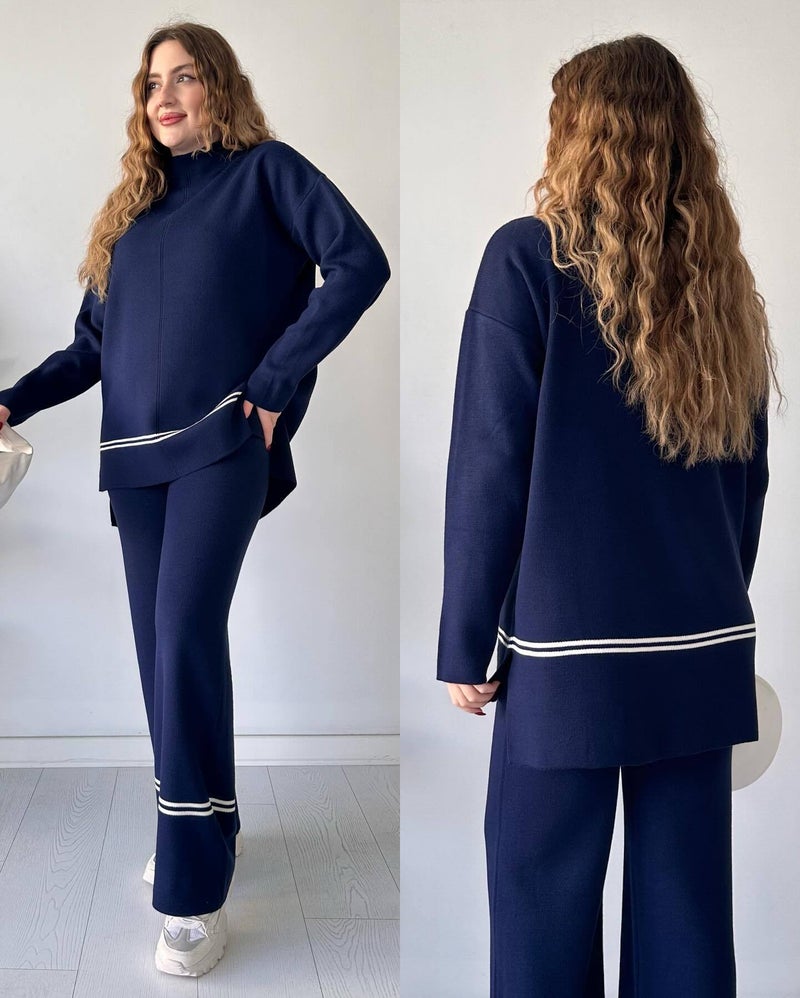 2023 Autumn Fashion Colorblock Knit Top Set Women Dark blue - Image 1