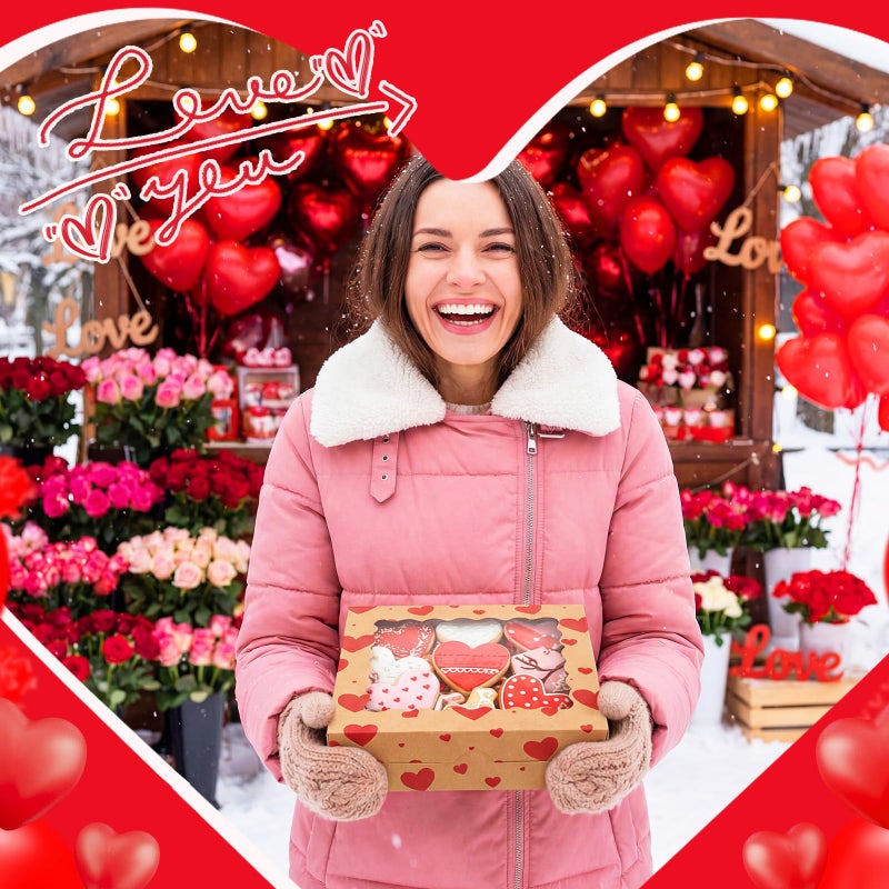 FoldTier 100 Pcs Valentine's Day Kraft Cookie Boxes with Window 9 x 9 x 2.5 Inch Heart Bakery Treat Boxes Bulk for Valentine Chocolate Covered Strawberries, Cupcakes, Donuts, Gift Giving - Image 2
