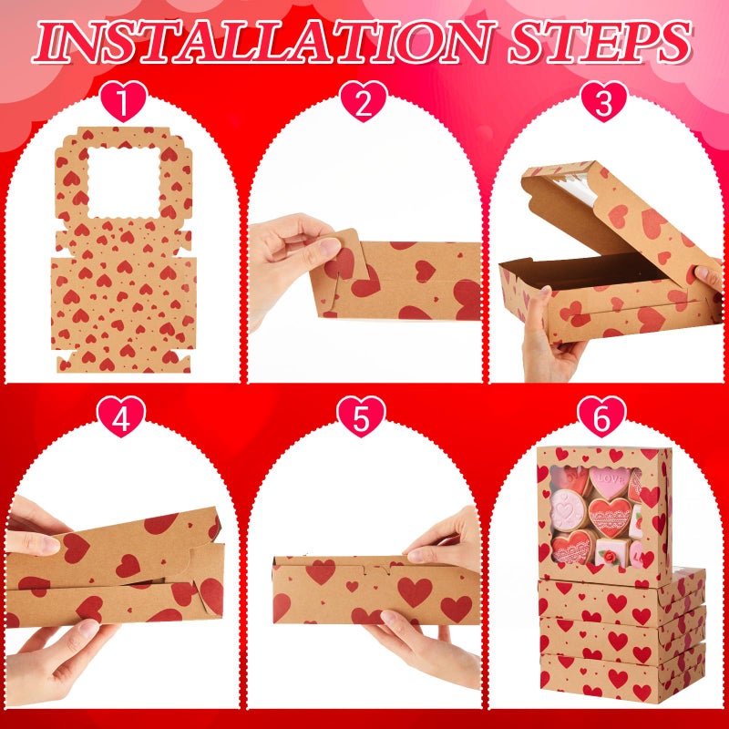 FoldTier 100 Pcs Valentine's Day Kraft Cookie Boxes with Window 9 x 9 x 2.5 Inch Heart Bakery Treat Boxes Bulk for Valentine Chocolate Covered Strawberries, Cupcakes, Donuts, Gift Giving - Image 5