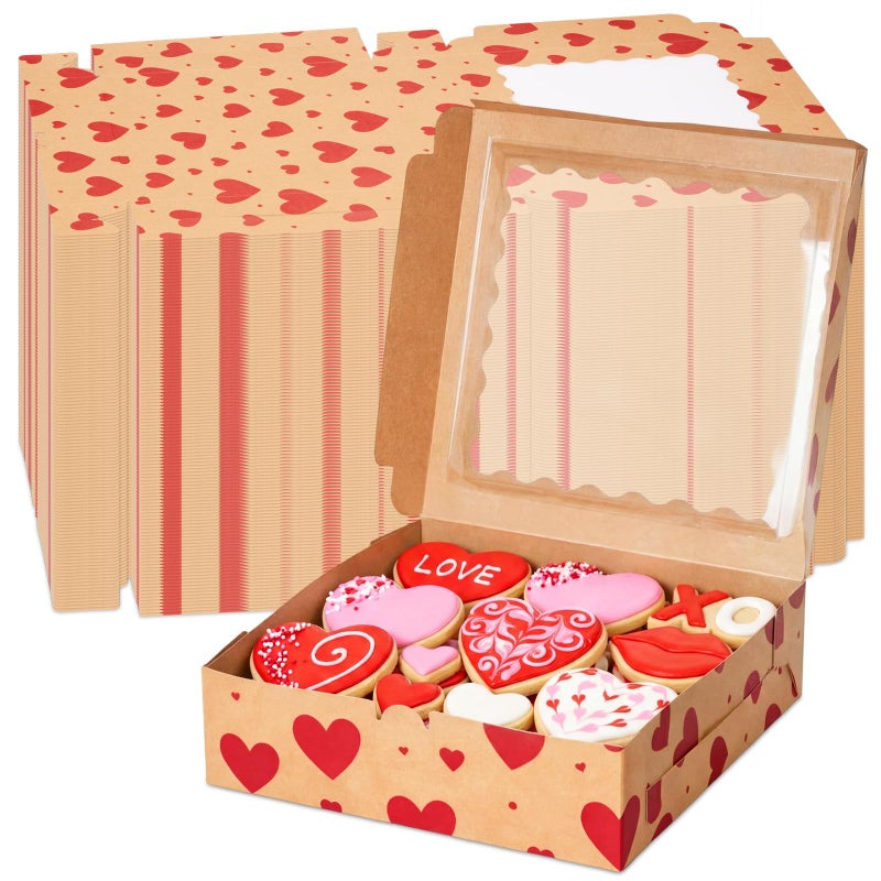 FoldTier 100 Pcs Valentine's Day Kraft Cookie Boxes with Window 9 x 9 x 2.5 Inch Heart Bakery Treat Boxes Bulk for Valentine Chocolate Covered Strawberries, Cupcakes, Donuts, Gift Giving - Image 1