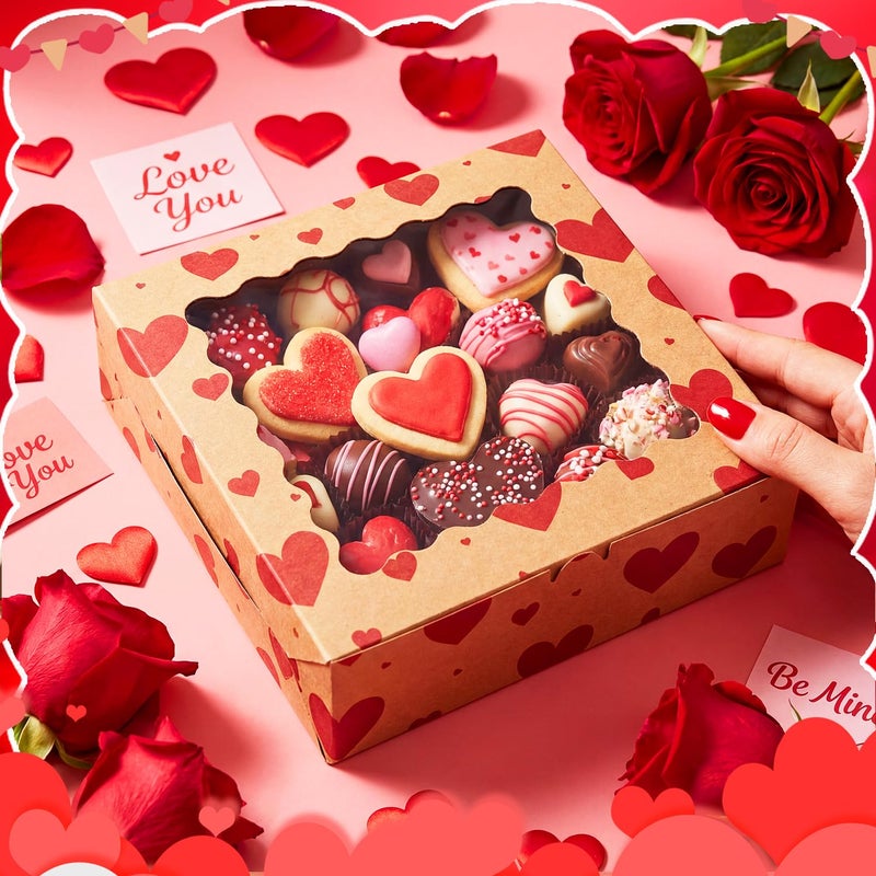 FoldTier 100 Pcs Valentine's Day Kraft Cookie Boxes with Window 9 x 9 x 2.5 Inch Heart Bakery Treat Boxes Bulk for Valentine Chocolate Covered Strawberries, Cupcakes, Donuts, Gift Giving - Image 4