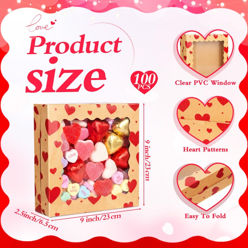FoldTier 100 Pcs Valentine's Day Kraft Cookie Boxes with Window 9 x 9 x 2.5 Inch Heart Bakery Treat Boxes Bulk for Valentine Chocolate Covered Strawberries, Cupcakes, Donuts, Gift Giving - Image 3