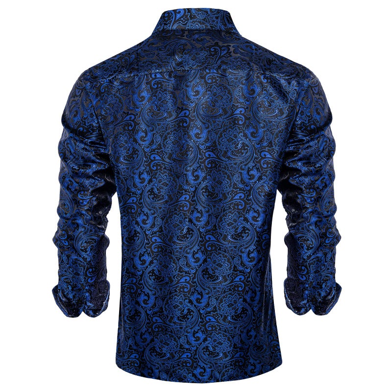 DiBanGu Mens Silk Paisley Dress Shirts,Long Sleeve Button Down Shirt Casual Regular Fit Shirt for Men Wedding Party, Blue and Black, Medium - Image 3