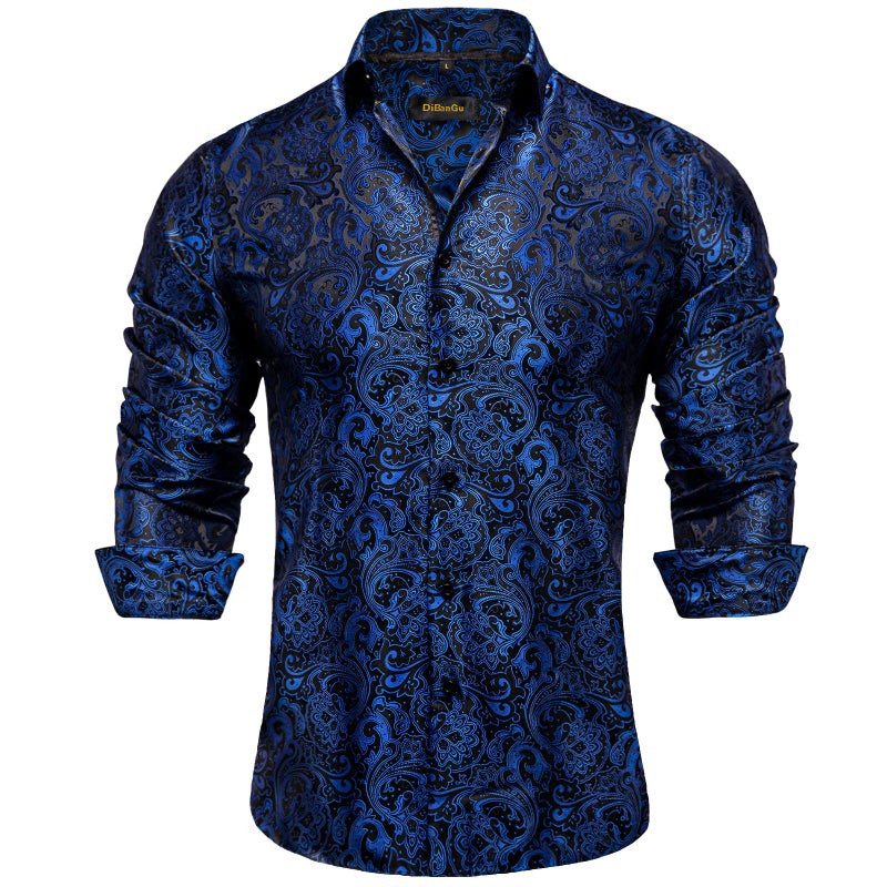 DiBanGu Mens Silk Paisley Dress Shirts,Long Sleeve Button Down Shirt Casual Regular Fit Shirt for Men Wedding Party, Blue and Black, Medium - Image 1