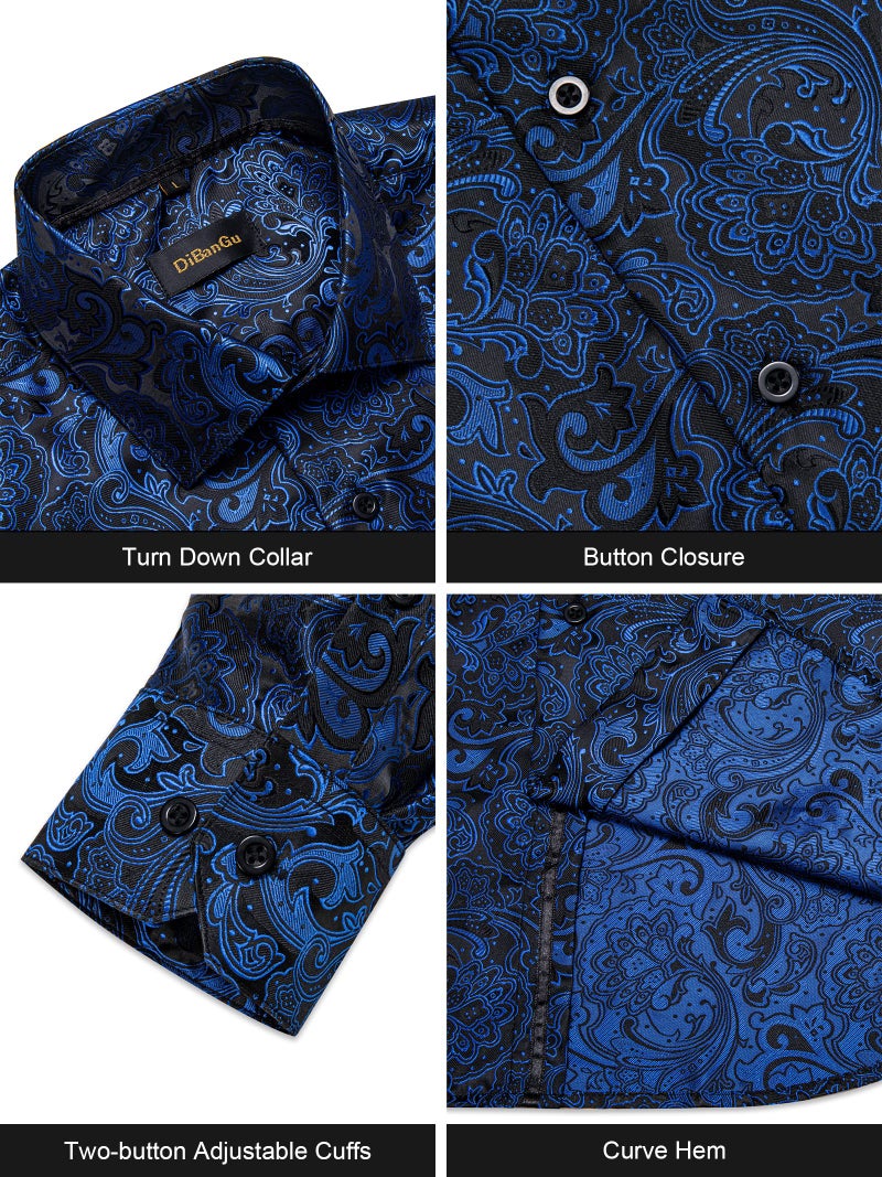 DiBanGu Mens Silk Paisley Dress Shirts,Long Sleeve Button Down Shirt Casual Regular Fit Shirt for Men Wedding Party, Blue and Black, Medium - Image 4