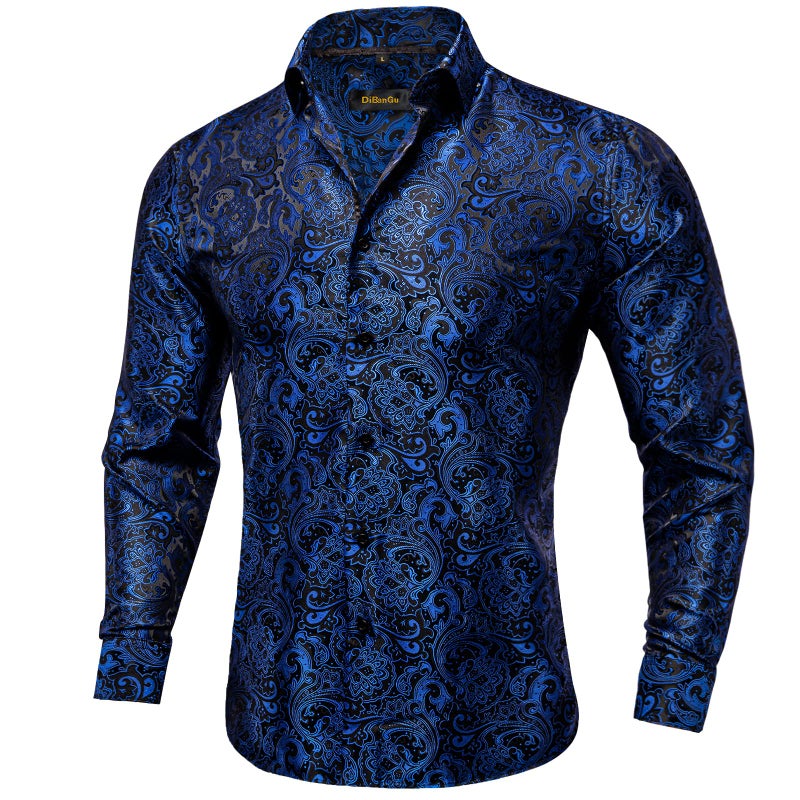 DiBanGu Mens Silk Paisley Dress Shirts,Long Sleeve Button Down Shirt Casual Regular Fit Shirt for Men Wedding Party, Blue and Black, Medium - Image 2