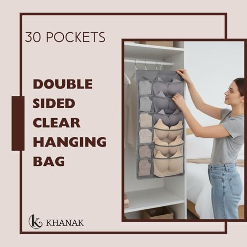 KHANAK 30 Pockets Double Sided Clear Hanging Bag Underwear Bra Socks Hanger Storage Organizer Wall Hanging Closet Shelves Storage Pockets (Grey) Premium Oxford Fabric - Image 3