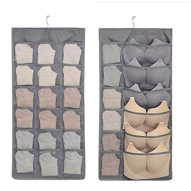 KHANAK 30 Pockets Double Sided Clear Hanging Bag Underwear Bra Socks Hanger Storage Organizer Wall Hanging Closet Shelves Storage Pockets (Grey) Premium Oxford Fabric - Image 1
