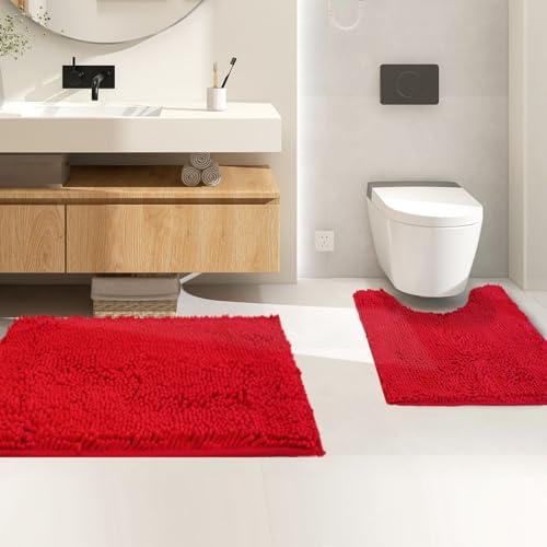Flotstiga Bathroom Rugs Sets 2 Piece,Super Absorbent Soft,Thick,Machine Washable Chenille Bath Mat,Non Slip Toilet Floor Rug,Bath Mats for Bathroom,20x32 Plus 20x20 U Shape,Red - Image 2