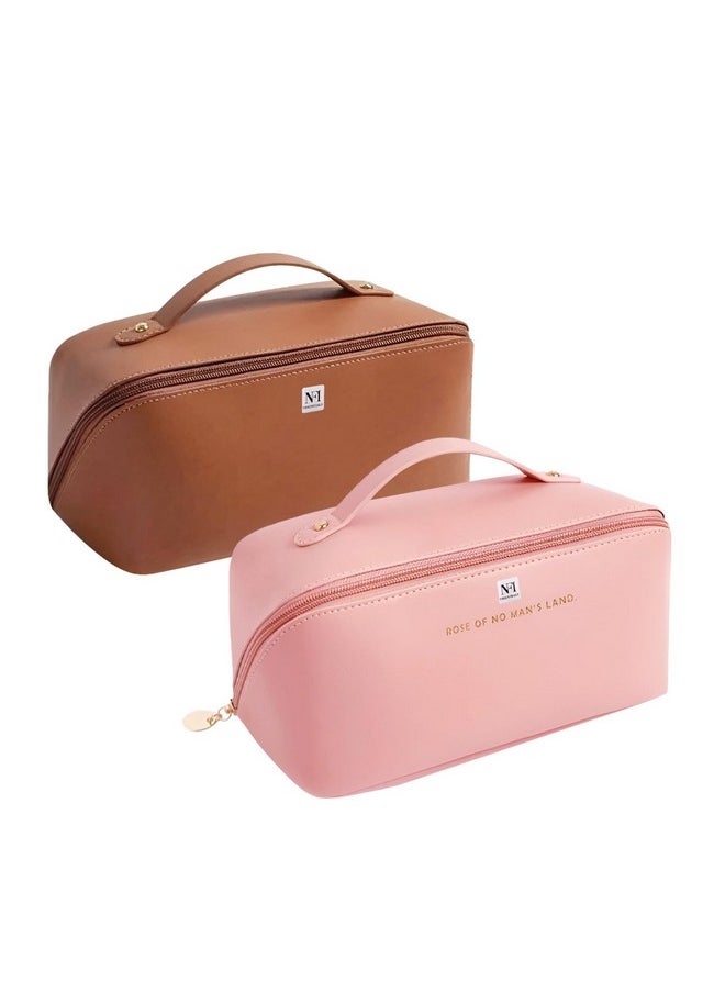NFI essentials NFI essentials Pack of 2 Cosmetic Travel Organizer Bag, Women's Makeup Pouch Toiletry Bag Portable Leather Wide Opening Cosmetics Bag with Handle and Divider  - Image 1