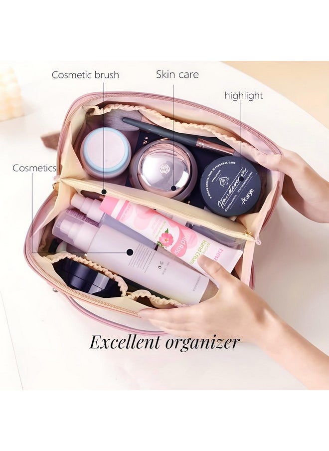 NFI essentials NFI essentials Pack of 2 Cosmetic Travel Organizer Bag, Women's Makeup Pouch Toiletry Bag Portable Leather Wide Opening Cosmetics Bag with Handle and Divider  - Image 2