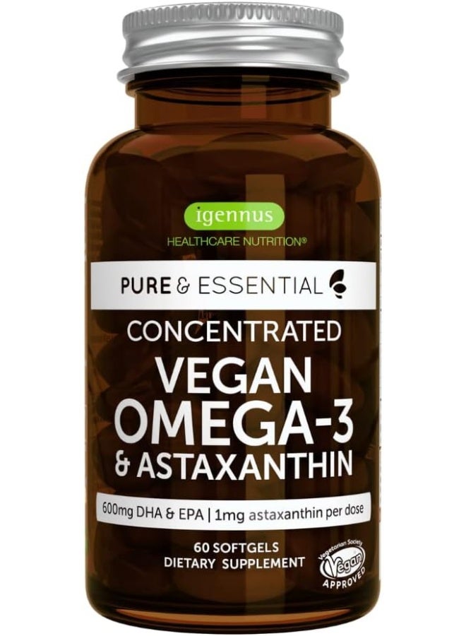 Igennus Pure & Essential Vegan Omega 3 & Astaxanthin, High Concentration EPA DHA Algae Oil, Sustainable & Pure, 600mg DHA & EPA for Heart, Brain & Eye Health, 60 Small Softgels - Image 1