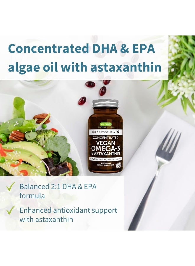 Igennus Pure & Essential Vegan Omega 3 & Astaxanthin, High Concentration EPA DHA Algae Oil, Sustainable & Pure, 600mg DHA & EPA for Heart, Brain & Eye Health, 60 Small Softgels - Image 2
