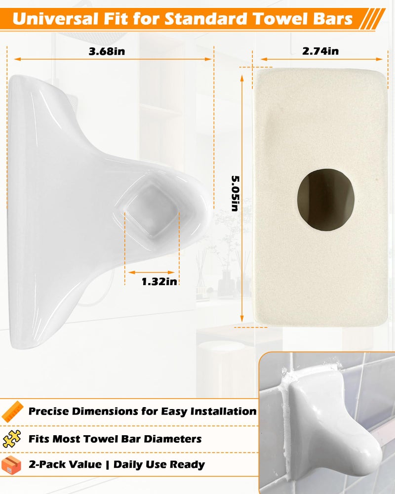 IWIWE 2 Pcs White Ceramic & Porcelain Towel Bar Brackets - Vintage Retro Towel Rack Post Holder | Mid Century Modern Bathroom & Kitchen Accessory, Flat Back, Rod Not Included - Image 2