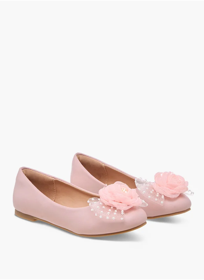 Little Missy Pearl Embellished Ballerina Shoes with Flower Applique