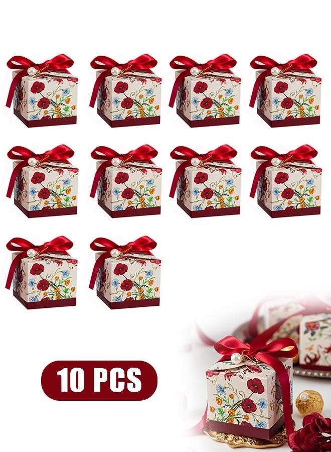 10 Pcs Flowers Pattern Favor Candy Box with Ribbon, White Cardboard Souvenir Gift Box Candy Box Wedding Candy Bag, for Wedding Birthday Themed Tea Party Favors Decor Supplies (Red) - Image 1