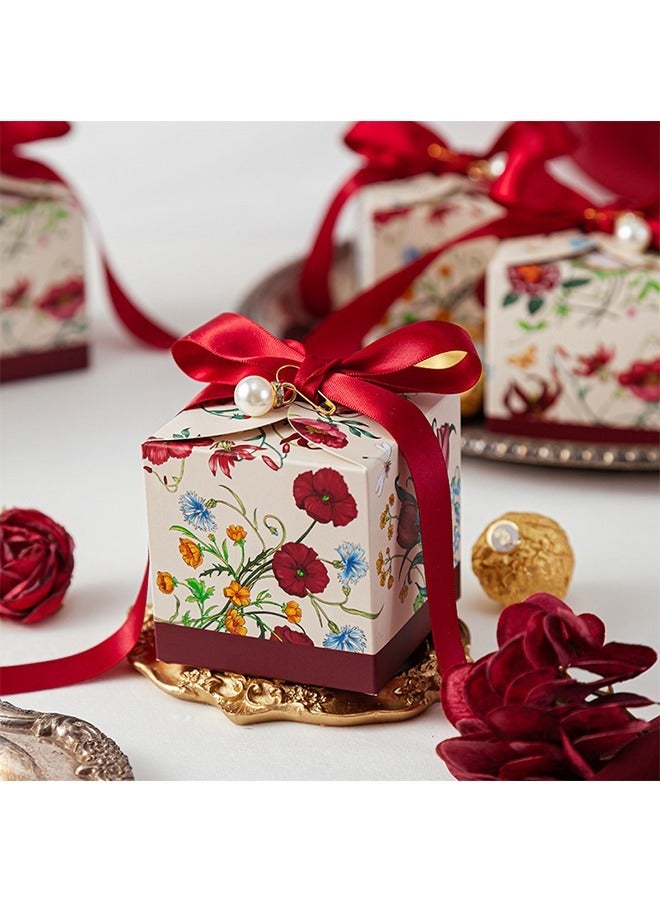 10 Pcs Flowers Pattern Favor Candy Box with Ribbon, White Cardboard Souvenir Gift Box Candy Box Wedding Candy Bag, for Wedding Birthday Themed Tea Party Favors Decor Supplies (Red) - Image 4