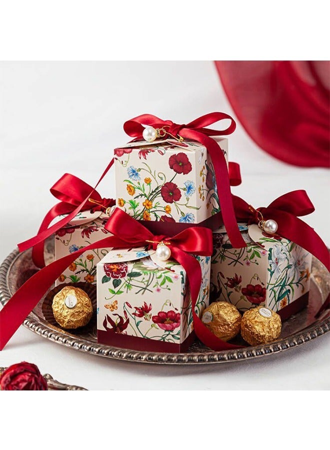 10 Pcs Flowers Pattern Favor Candy Box with Ribbon, White Cardboard Souvenir Gift Box Candy Box Wedding Candy Bag, for Wedding Birthday Themed Tea Party Favors Decor Supplies (Red) - Image 5