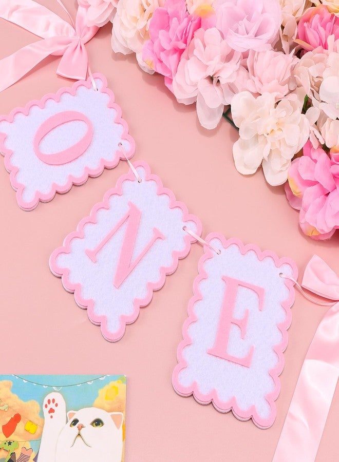 Vovii Bow Highchair Banner for 1st Girls Birthday Decoration, Pink and White One Birthday Banner for Party Decor Photo Props(Pre-Strung) - Image 2