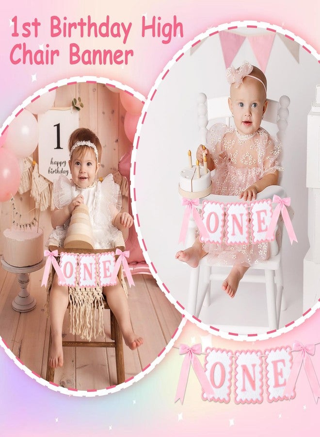 Vovii Bow Highchair Banner for 1st Girls Birthday Decoration, Pink and White One Birthday Banner for Party Decor Photo Props(Pre-Strung) - Image 5