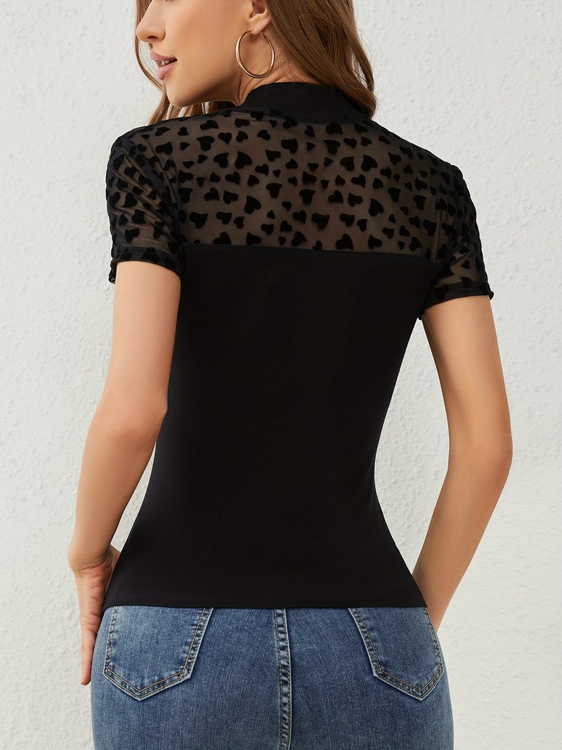 Women's Fashion Tulle Heart Patch Short Sleeve Stand Collar Slim Fit T-Shirt Top - Image 2