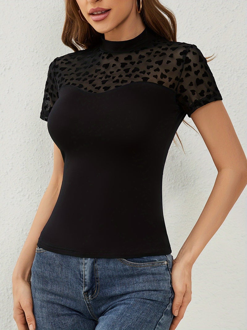 Women's Fashion Tulle Heart Patch Short Sleeve Stand Collar Slim Fit T-Shirt Top - Image 5
